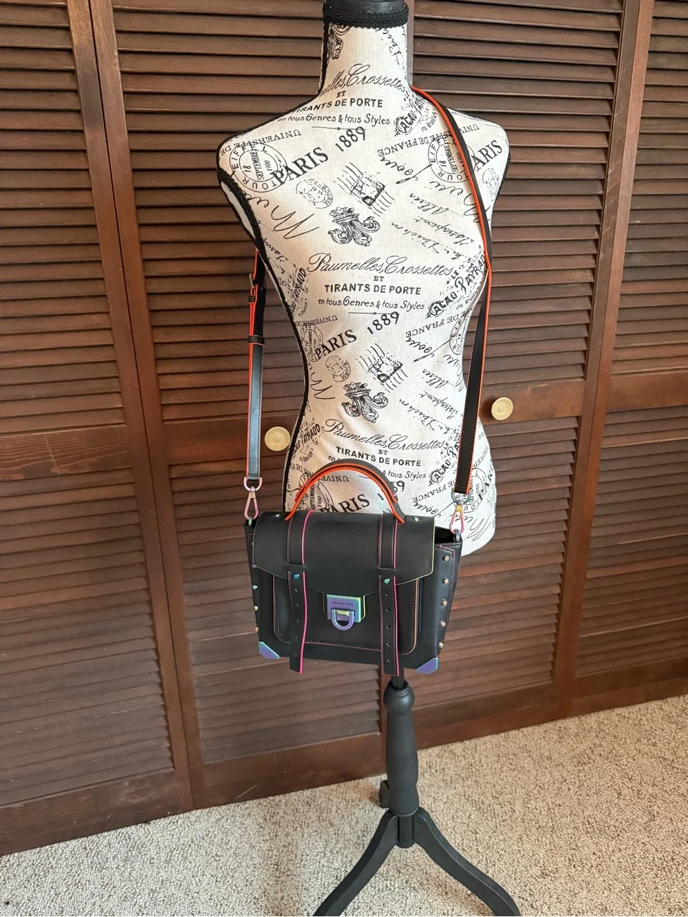 Michael Kors Manhattan Black Leather Satchel Rainbow Hardware EUC